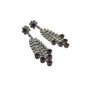 Vintage Clear & Purple Rhinestones Sparkly Dangly Earrings Long Dangles Pierced